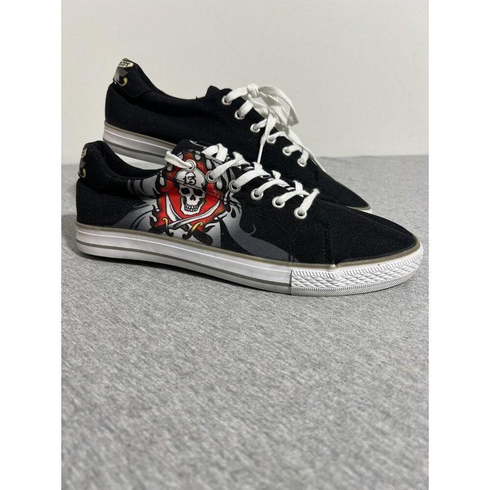 Ed Hardy Shoes Mens Size 10.5 Black Canvas Low Top Skull Graphic Lace Up EH9054L